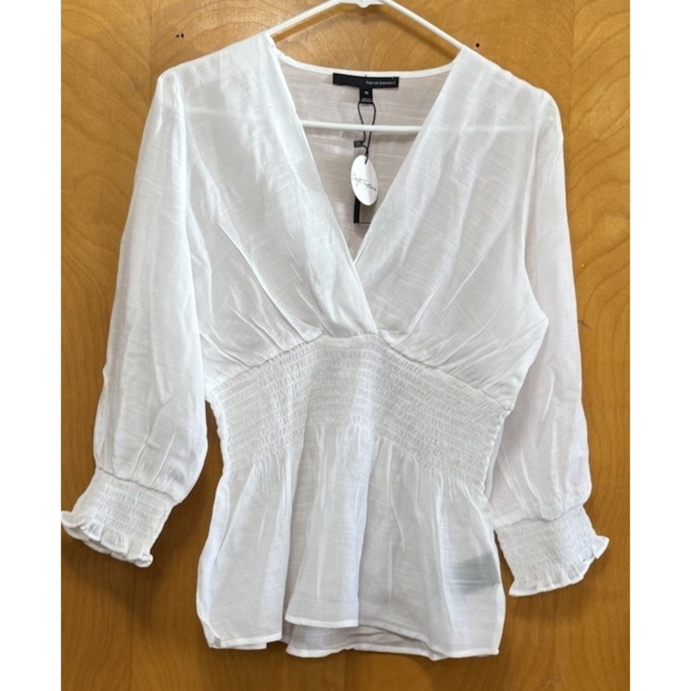 Harvé Bernard Womens White Smocked Waist Peplum Blouse Semi Sheer White Sz M NWT